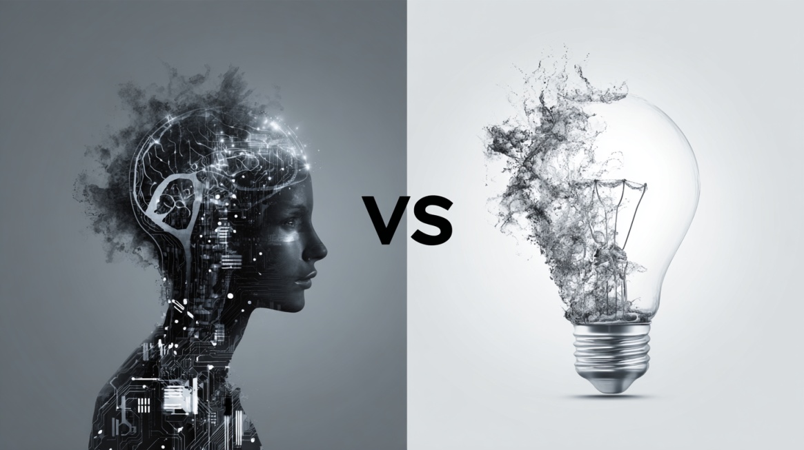 Digital human head with circuits facing a broken light bulb with a VS between them