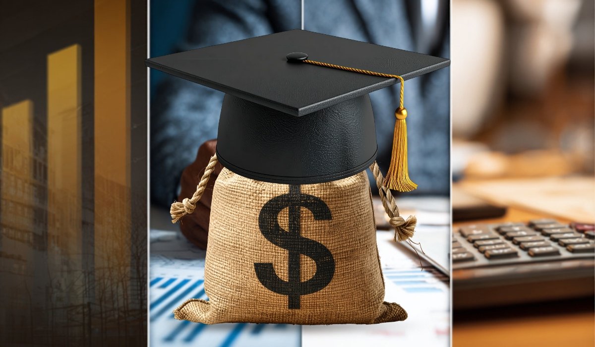 Money bag with a graduation cap placed between financial charts and a calculator