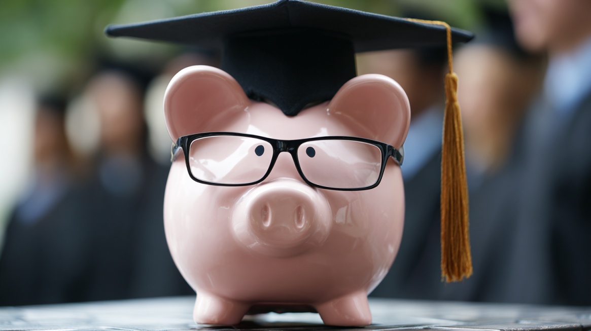 Piggy bank wearing glasses and a graduation cap with people blurred in the background