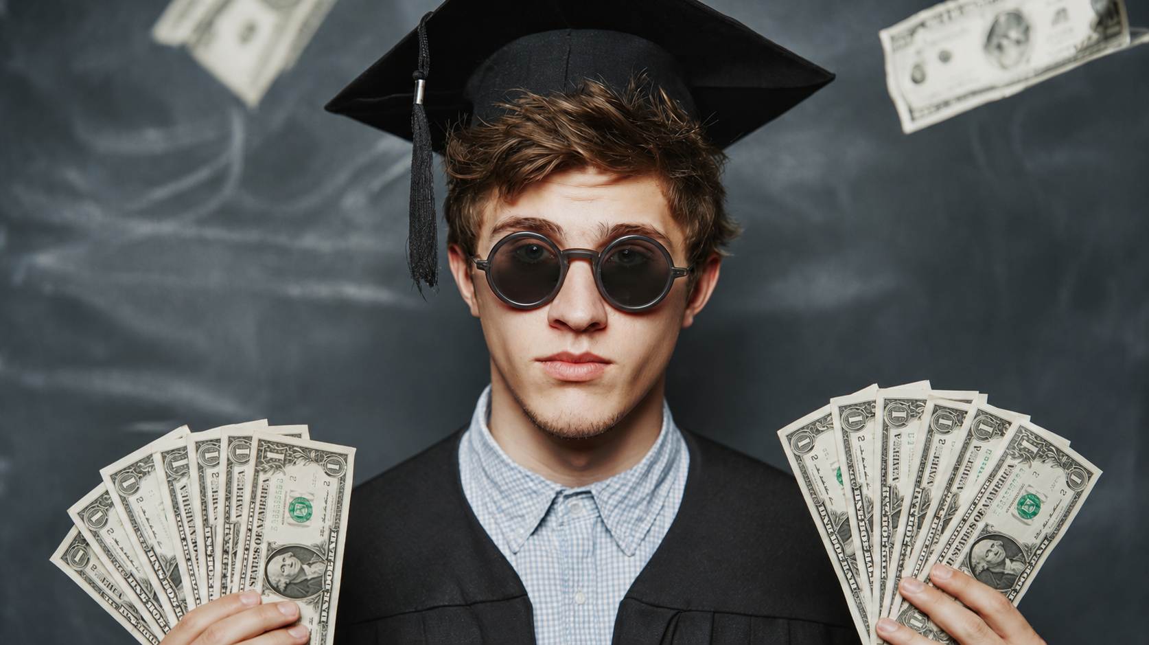 Young graduate holding cash while wearing sunglasses and a graduation cap.