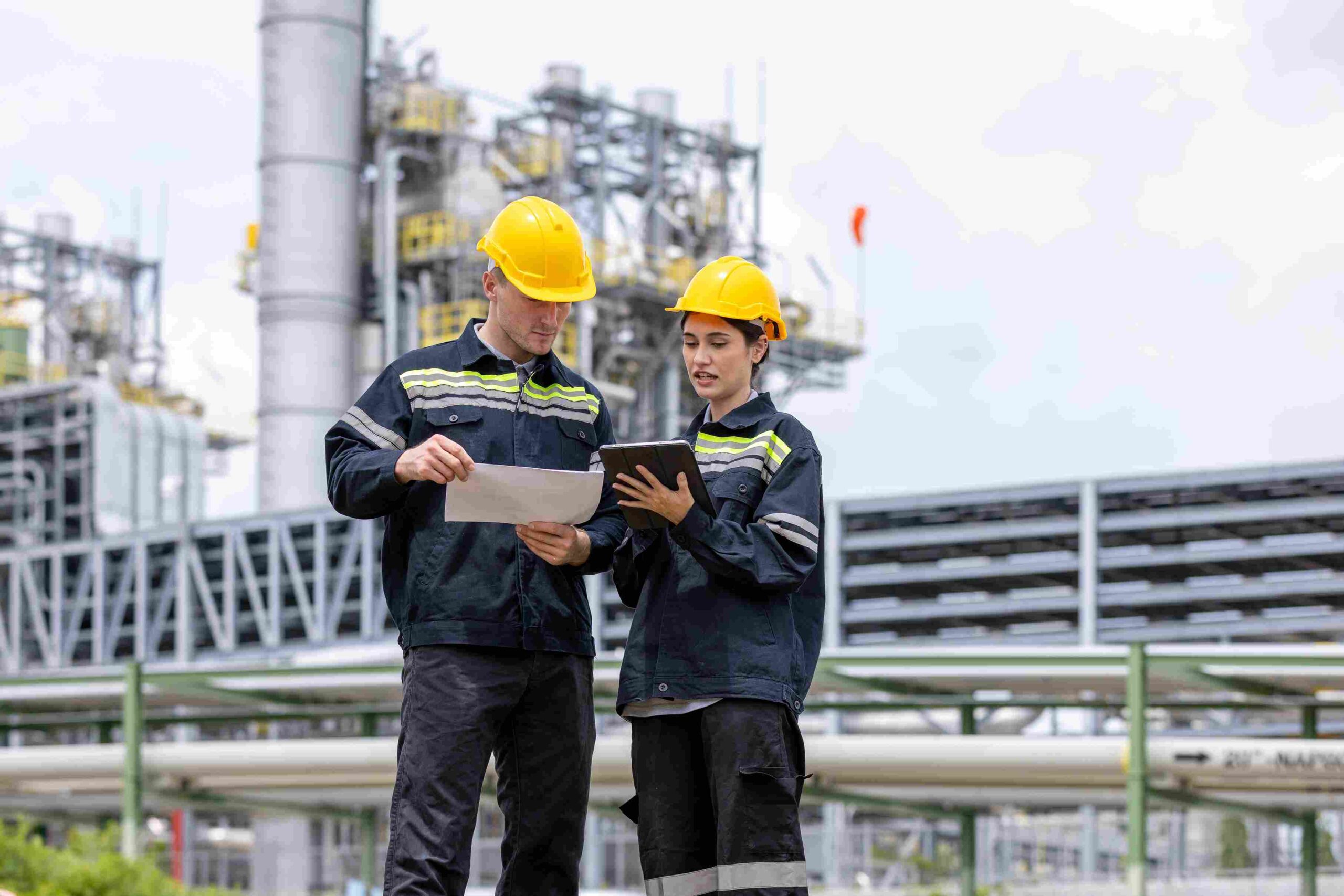 Two power plant workers wearing safety gear while reviewing documents at an industrial facility.