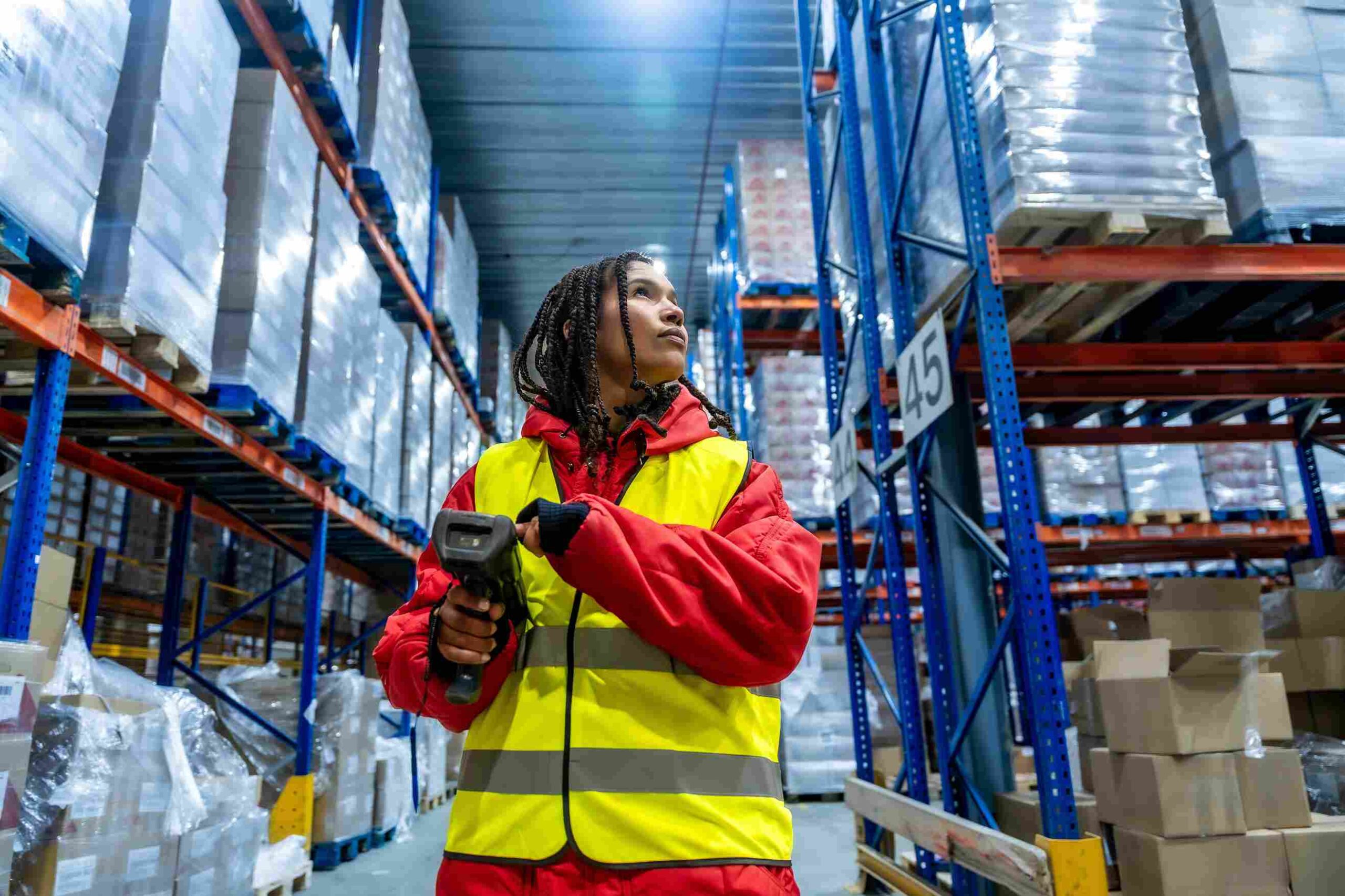 Warehouse worker using a scanner while checking inventory in a large storage facility