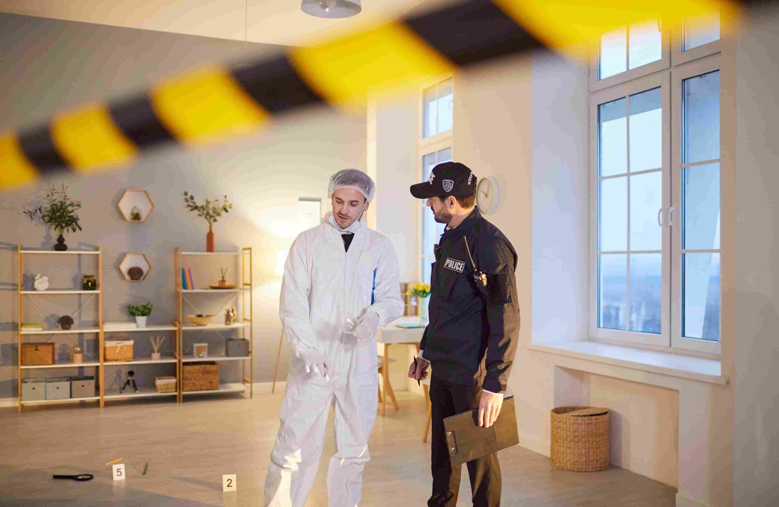 Crime scene investigator and police officer examining evidence inside a marked investigation area